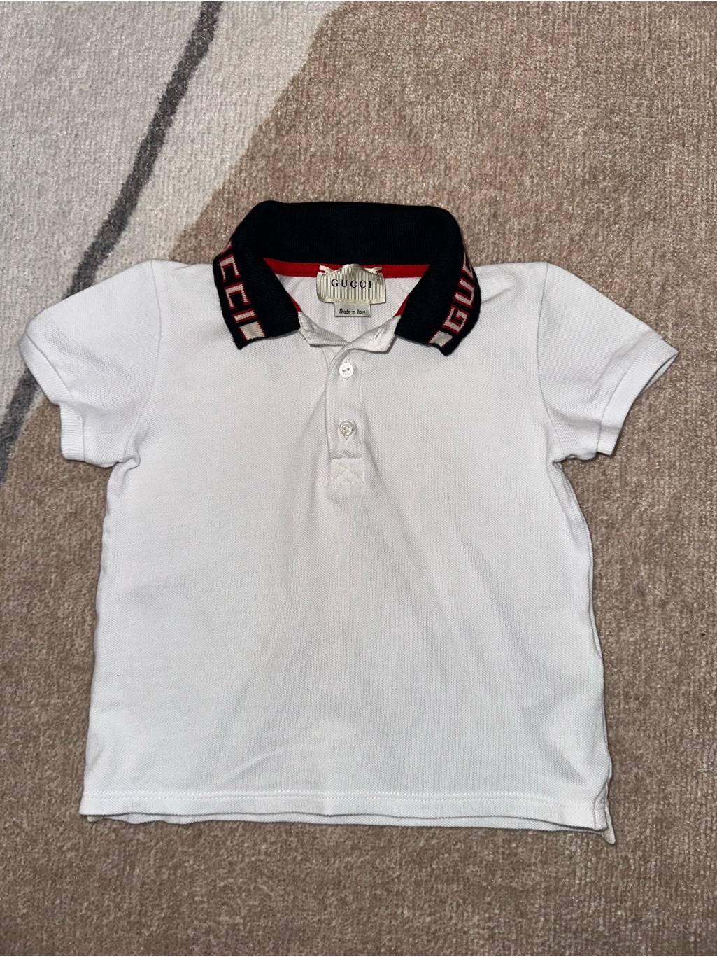 Gucci White Kids Polo With Black And Red Trim Collar